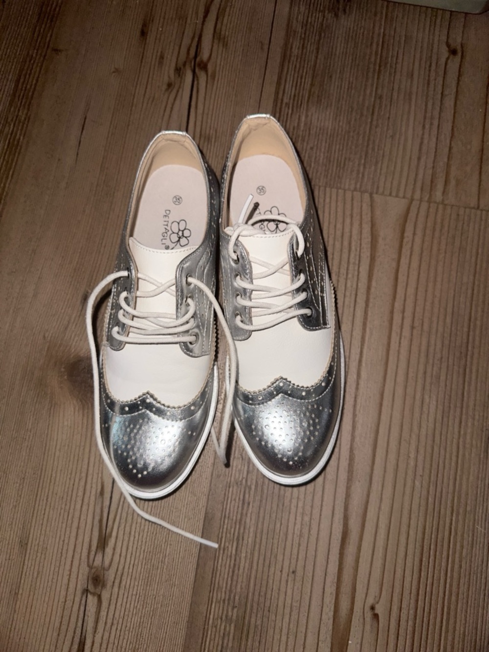 Kids Silver & White Lace-Up Brogue Shoes